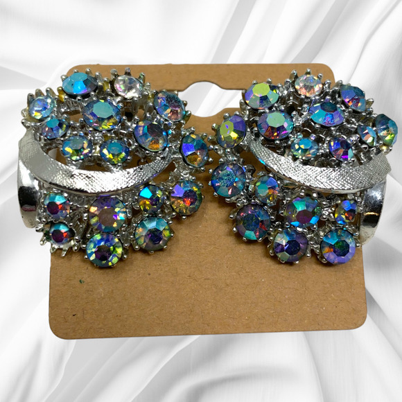 Vtg 1960s ART Aurora Borealis Crystal Silver Tone Earrings Signed Couture Runway - Picture 5 of 6
